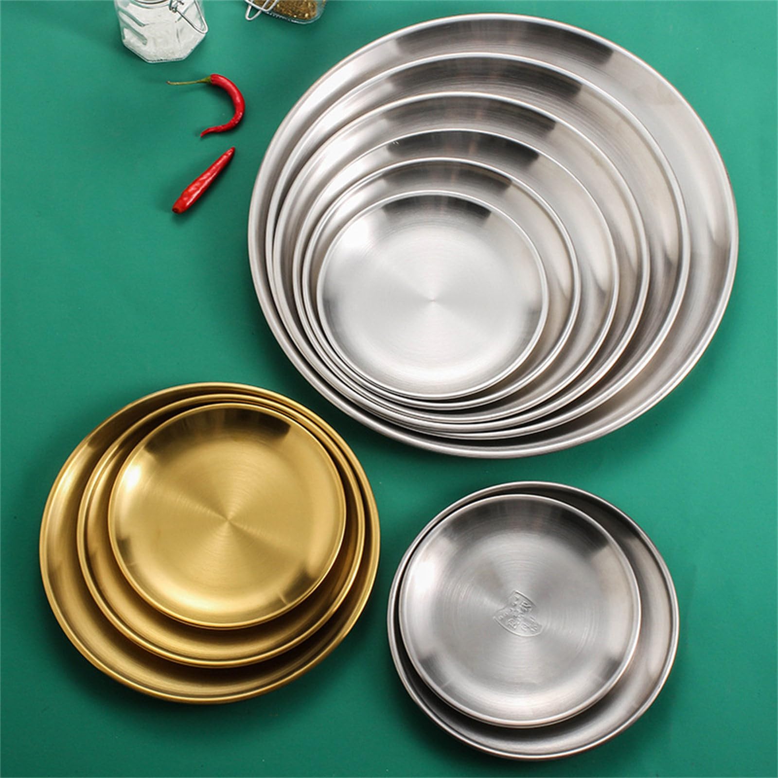 Juego de 4 elegantes platos llanos, platos de servir de acero inoxidable 304, platos llanos, adecuados para el entretenimiento y el uso diario