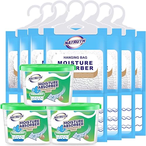 NATRUTH Absorbedor de humedad, 7 paquetes colgantes (9.15 onzas x 7) + 3 cajas portátiles (10.5 onzas x 3), bolsa colgante desecante para armario de