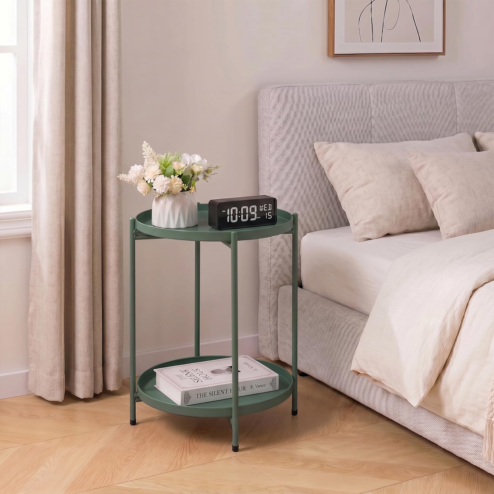 HollyHOME Tavolino Rotondo Piccolo Tavolino Salotto Metallo Tavolino Basso 2 Ripiani Comodino Camera da Letto Tavolino da Divano per Soggiorno Balcone Patio, Verde