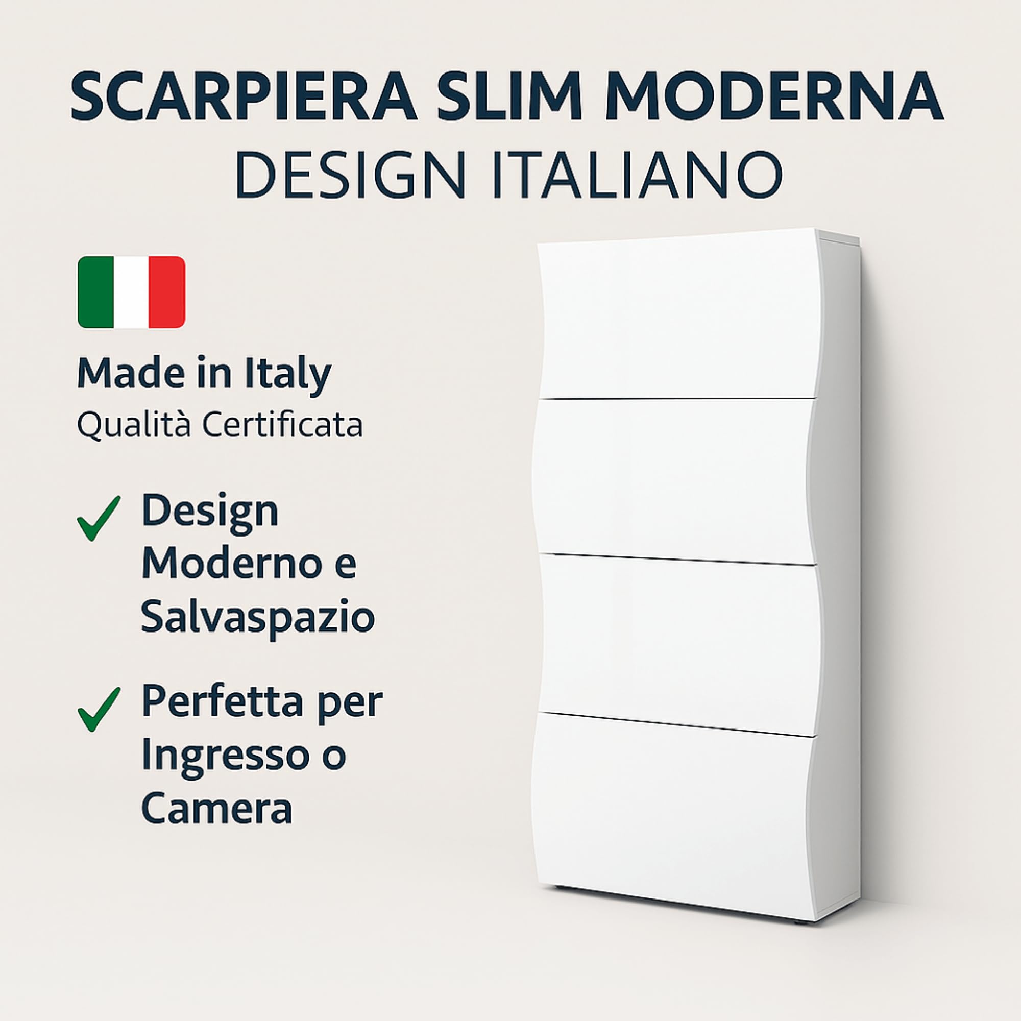 Web Convenienza Scarpiera Slim Moderna Made in Italy - 24 Paia di Scarpe, Salvaspazio con Ante a Ribalta in Legno - Mobile da Ingresso modello Mare Bianca Lucida (4 Ante)