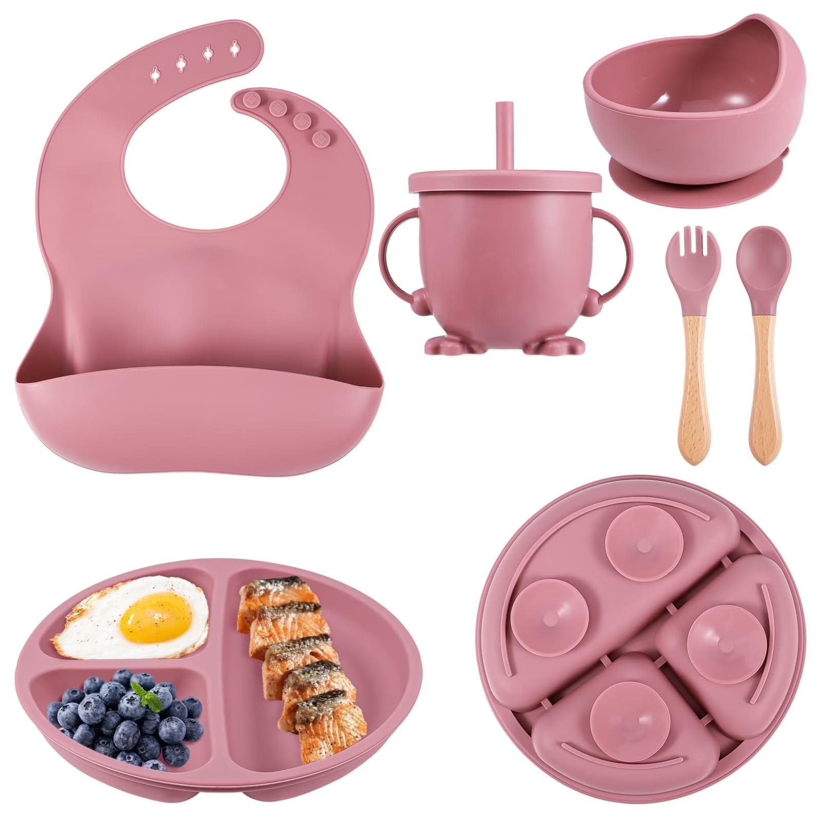 UCRAVO Baby Silicone Feeding Set 6 PCS – Pink Baby Girl Weaning Kit with Suction Bowl, Section Plate, Soft Silicone Bib, Sippy Cup with Handles, Spoon & Fork | Infant & Toddler Feeding Essentials-image-30