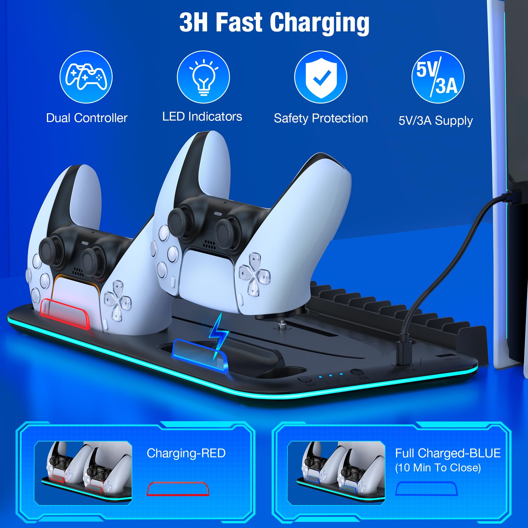 Supporto sottile per PS5 con stazione di raffreddamento e stazione di ricarica per console PS5 Slim/digitale, ventola di raffreddamento PS5, LED RGB, supporto per cuffie, 15 slot per giochi per