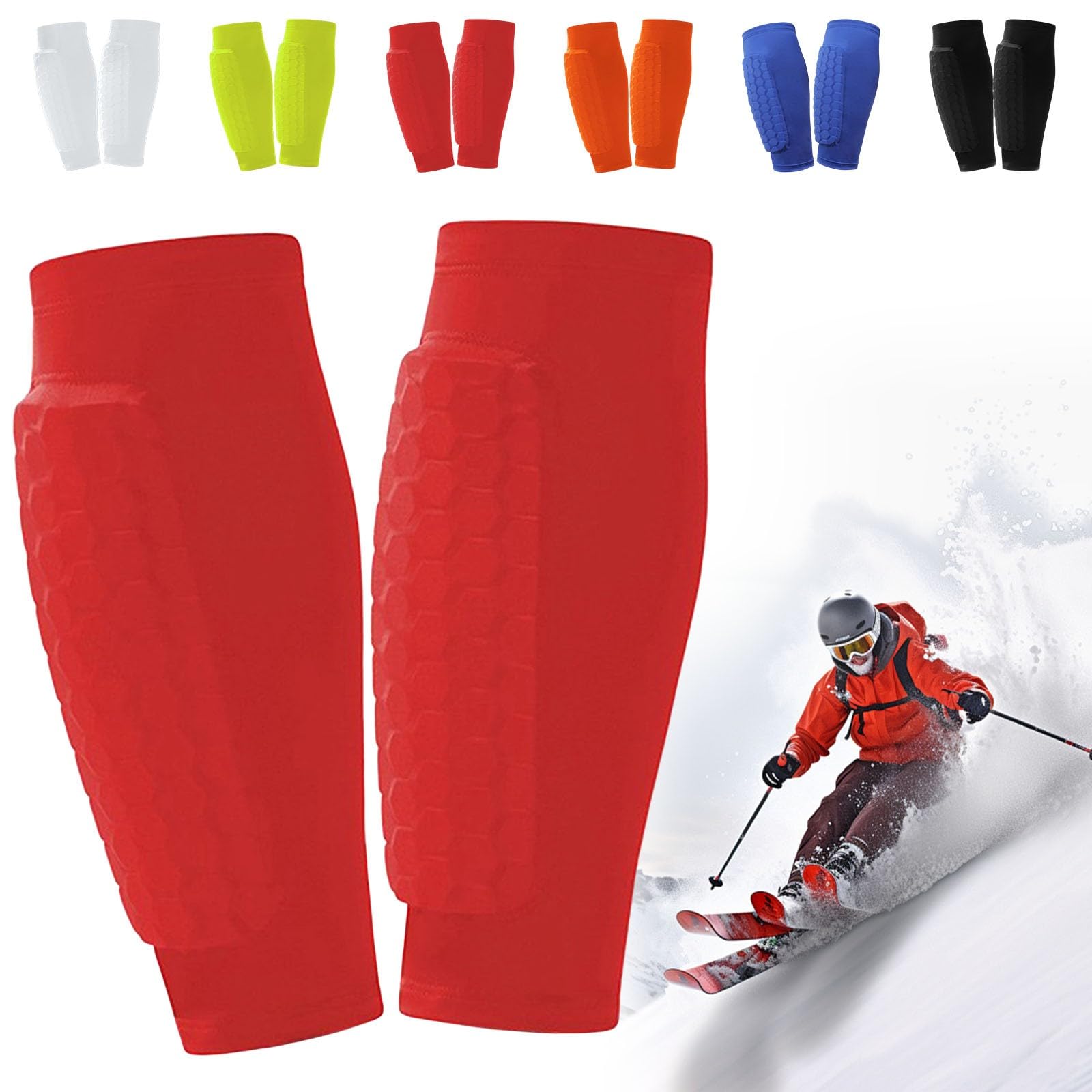 Ski Shin Guards Gel, Honeycomb Compression Sleeve Football Shin Guards, Ski Guard Socks, Ski Guards Shin Pads, Shin Defender, Breathable Elastic Gel Guard for Skiing, Legs Protection (Red, XS)