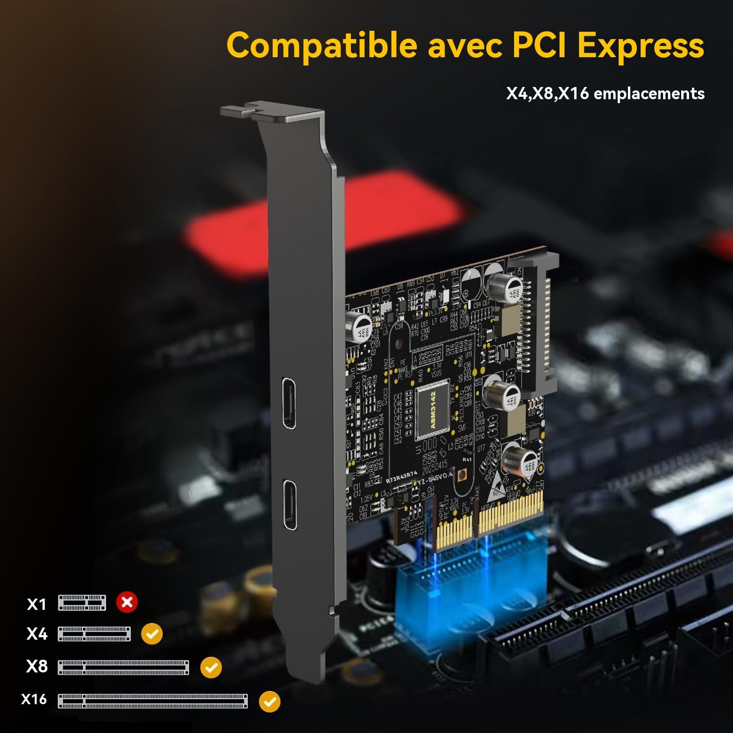 10Gbps Carte PCIE USB C 3.2 Gen 2, Carte d'Extension 2-Port PCle vers USB C, Adaptateur PCI Express 3.0 x4 pour PC de Bureau, Enceintes SSD, Stations de Travail, Sauvegarde de Fichiers, Données seulem