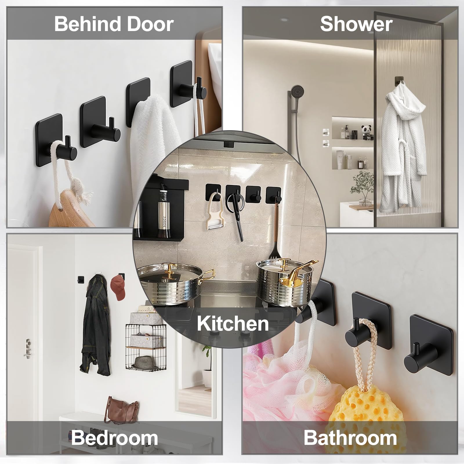 Ganchos Adhesivos para Pared Acero Inoxidable, 4 Piezas Negro, Colgadores Adhesivos, Autoadhesivo Colgador Toallas, Accesorios para Baño Extrafuertes y Sin Taladro, Multi-Uso para Llaves y Ropa