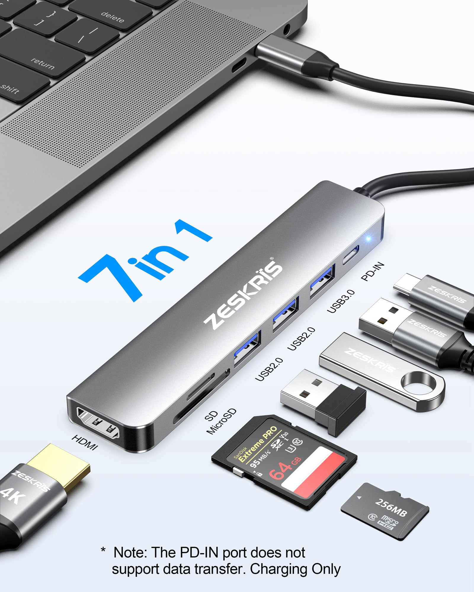 Hub USB C ZESKRIS, adattatore USB C a HDMI 7-in-1 con HDMI 4K, 100W PD, 1*USB 3.0, 2*USB 2.0 e lettore di schede SD/TF, splitter multiporta compatibile con Macbook Air/Pro M1/M2, Surface Go