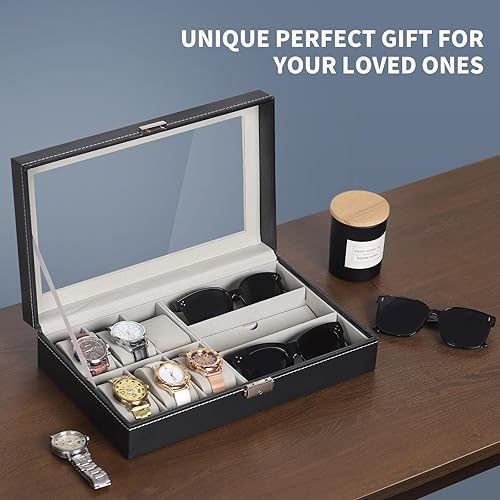 Miniatura 8 de AUTOARK Caja de cuero para 6 relojes y 3 lentes y lentes de sol con organizador de joyas cajas de almacenamiento para hombres y mujeres tapa de