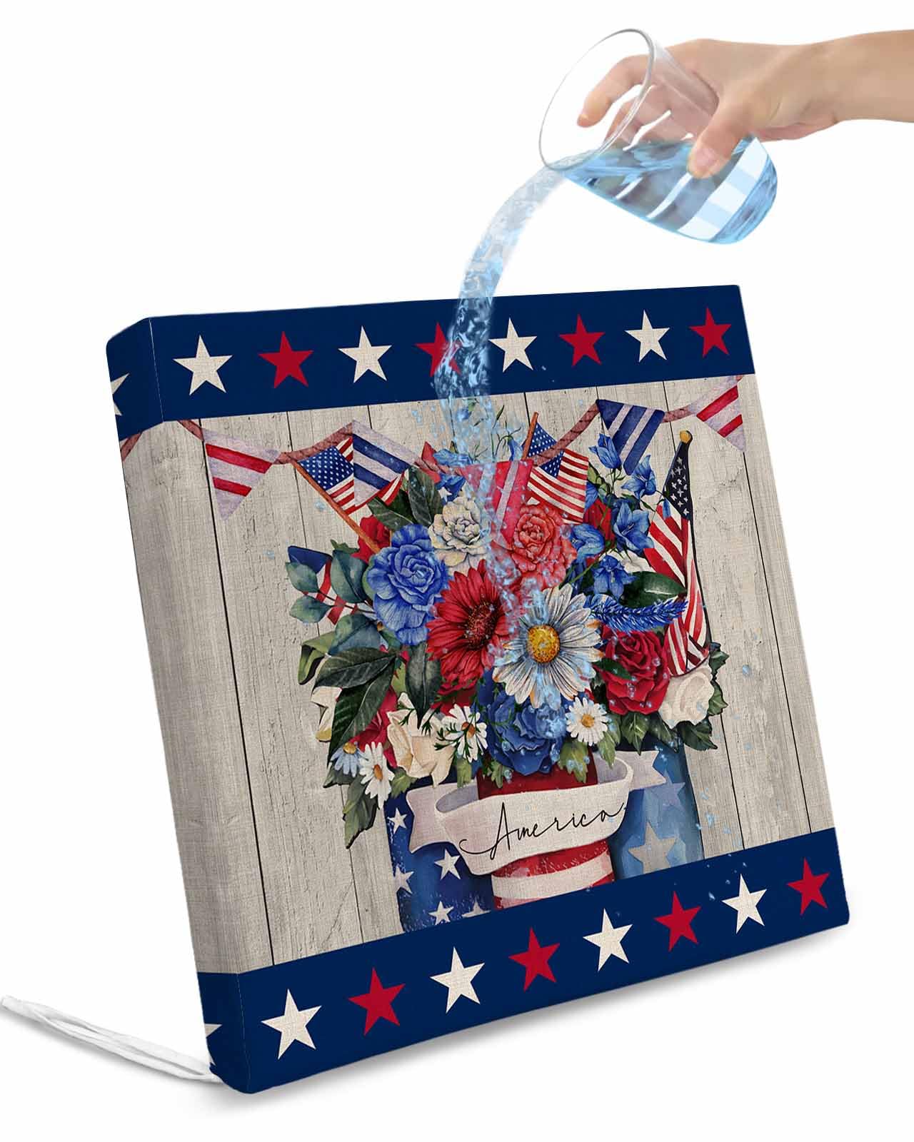 2 Pack 4th of July Waterproof Cushion Covers with Ties, Outdoor Patio Chaise Lounge Chair Seat Cushion Slip Covers Replacement(Only Cover) Blue Red Floral Vintage Independence Day 22