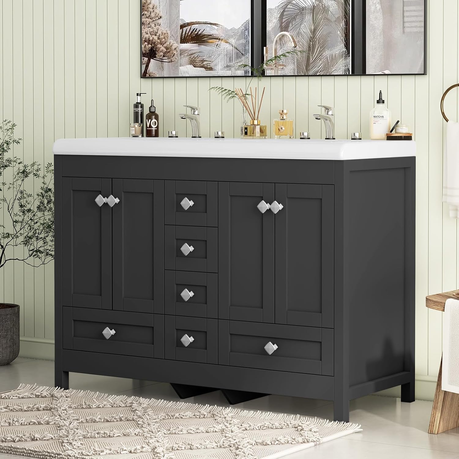 47.2 Inch Bathroom Vanity with Sink Combo,Modern Large Bathroom Vanity with Double Sink,4 Doors & 6 Drawers, Freestanding Black Bathroom Storage Cabinet with Double Ceramic Sink, Black