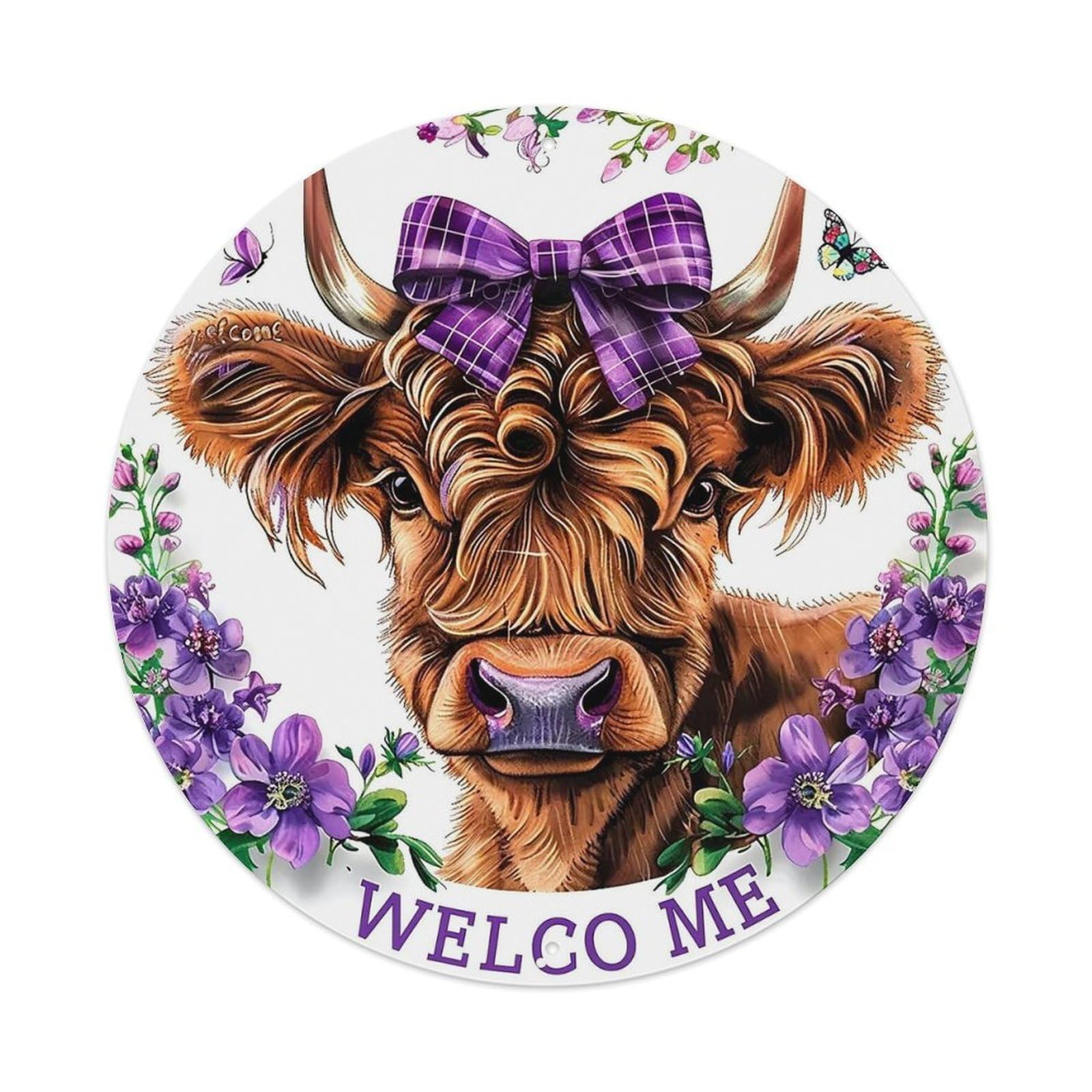 Cow With Bow And Flowers Retro Metal Sign Round Tin Sign, Vintage Decor Art Poster for Bar, Home, Man Cave, Kitchen, Laundry Room Gift 8x8Inch