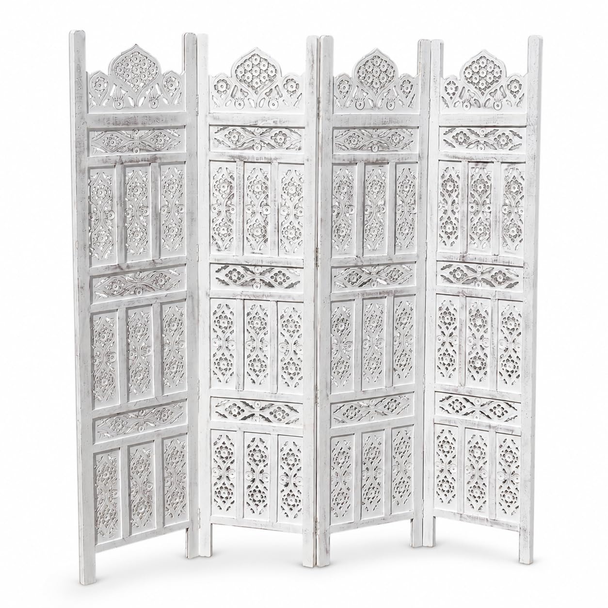 Wood 4 Panel Room Divider Screen, 71 x 80 Inches, Foldable Wooden Privacy Partition, Hand-Carved Decorative Folding Screen for Living Room, Bedroom, Office, White Wash Finish-picture-34