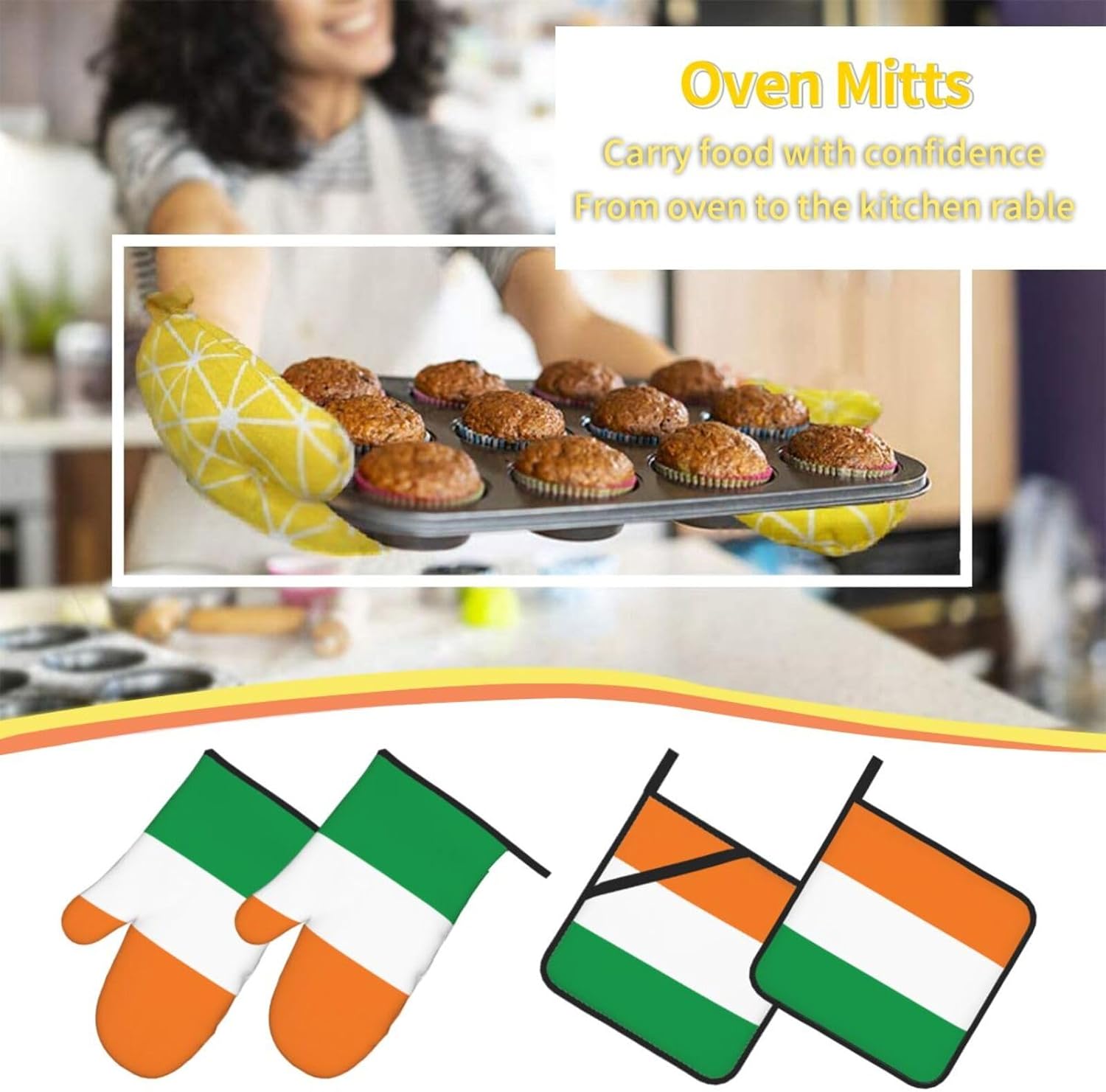 Flag of Ivory Coast Oven gloves and heat-resistant mat 4-piece set. Suitable for grilling, microwave oven frying, and baking