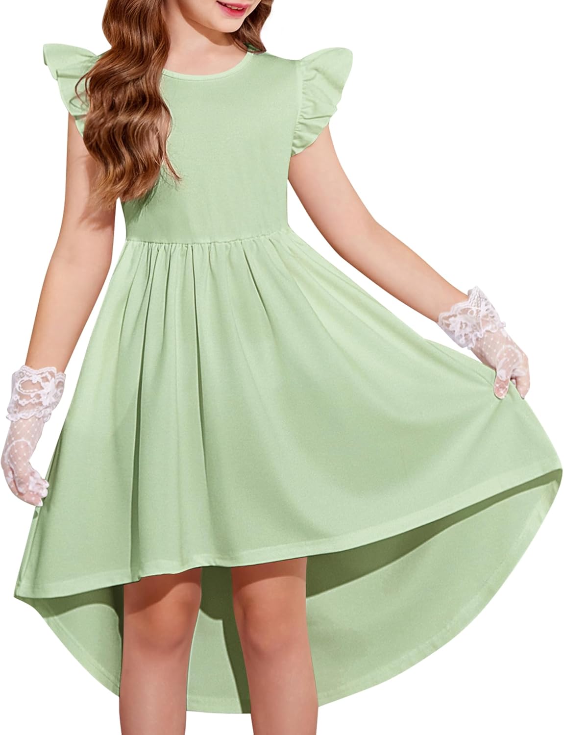 Arshiner Girls Summer Dress Tween Flutter Sleeve High Low Formal Dresses for Wedding Party with Pocket