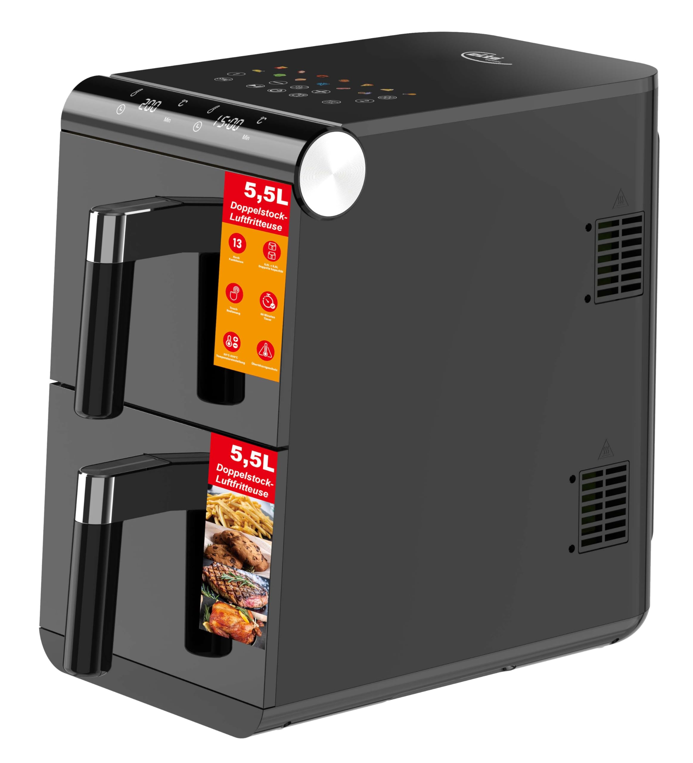 Elta XXL Airfryer 11 litros Dual Zone - Freidora de aire caliente doble con 2 cestas y 2 niveles, digital, sin aceite