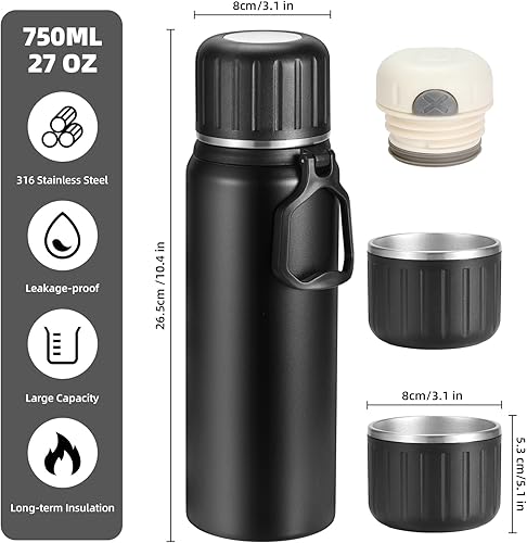 Miniatura 2 de Termo de café de 25.4 fl oz27 oz con 3 tazas, botella de agua aislada, juego de frasco de vacío de acero inoxidable para bebidas frías y calientes,