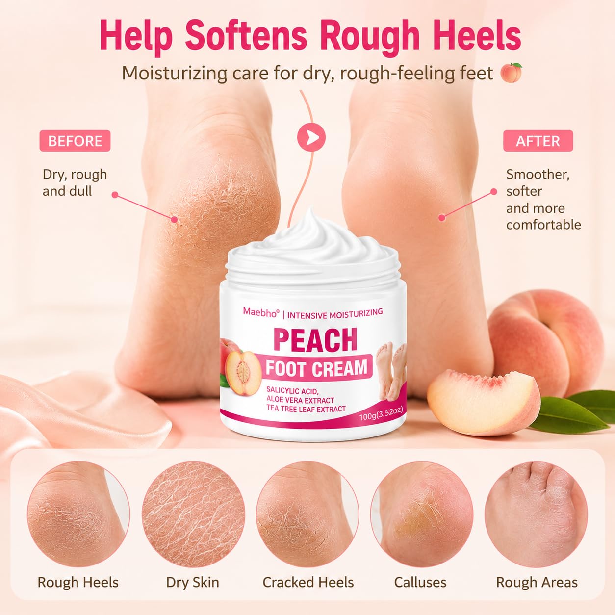 Peach Foot Cream for Dry Rough Feet, Moisturizing Heel Cream with Salicylic Acid, Aloe Vera Extract & Tea Tree Leaf Extract, Hydrating Foot Moisturizer for Soft Smooth-Looking Skin image 3