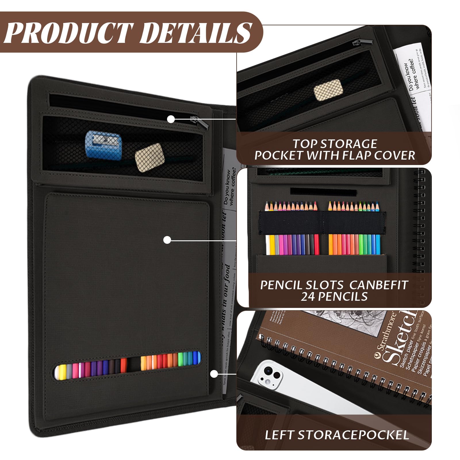 Housse de carnet de croquis pour voyage avec porte-crayon – Carnet de croquis de 22,9 x 30,5 cm et bloc à spirale de 22,9 x 30,5 cm | Rangement de fournitures artistiques pour stylos à dessin