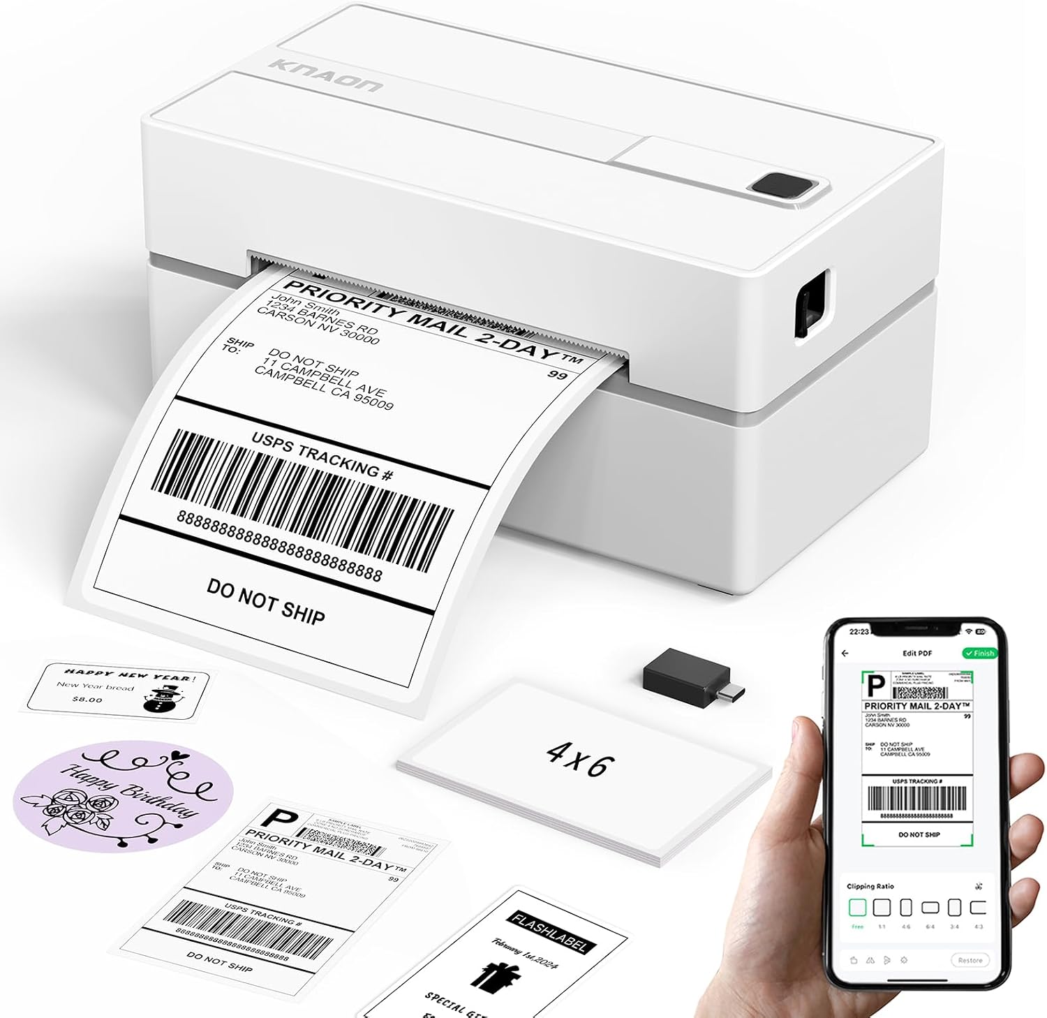 KNAON Bluetooth Thermal Shipping Label Printer, 4x6 Portable Thermal Address Label Printer for Small Business, Compatible with iPhone,Android,Windows,Mac–Works with Etsy Shopify USPS&More, White