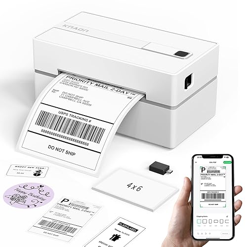 KNAON Bluetooth Thermal Shipping Label Printer, 4x6 Portable Thermal Address Label Printer for Small Business, Compatible with iPhone,Android,Windows,Mac,Chromebook –Works with Ebay Shopify USPS&More - White