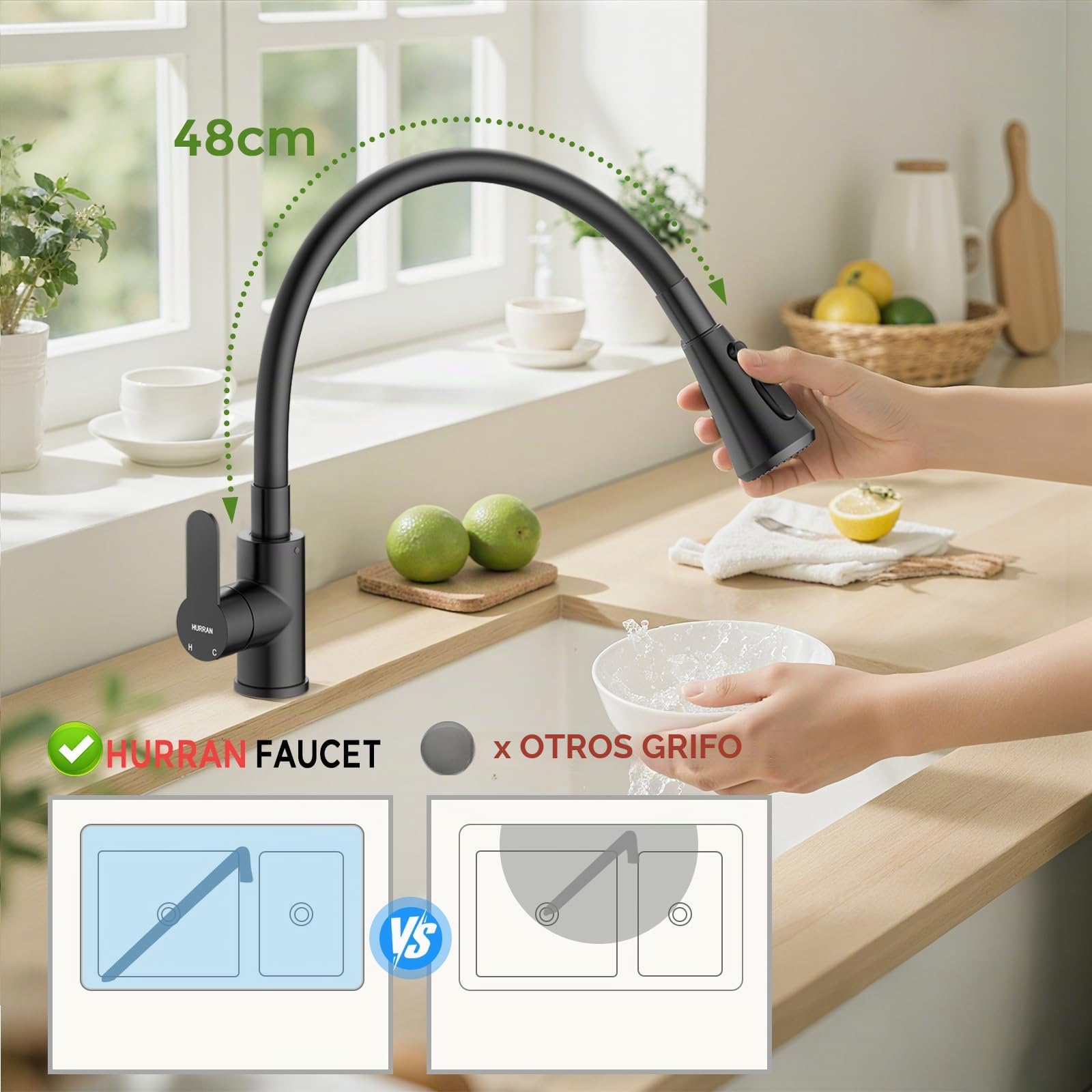Hurran Grifo Cocina Con 3 Modos de Rociado Negro Mate | Caño Giratorio de 360°, Manguera de Silicona, Mezclador Monomando de Acero Inoxidable