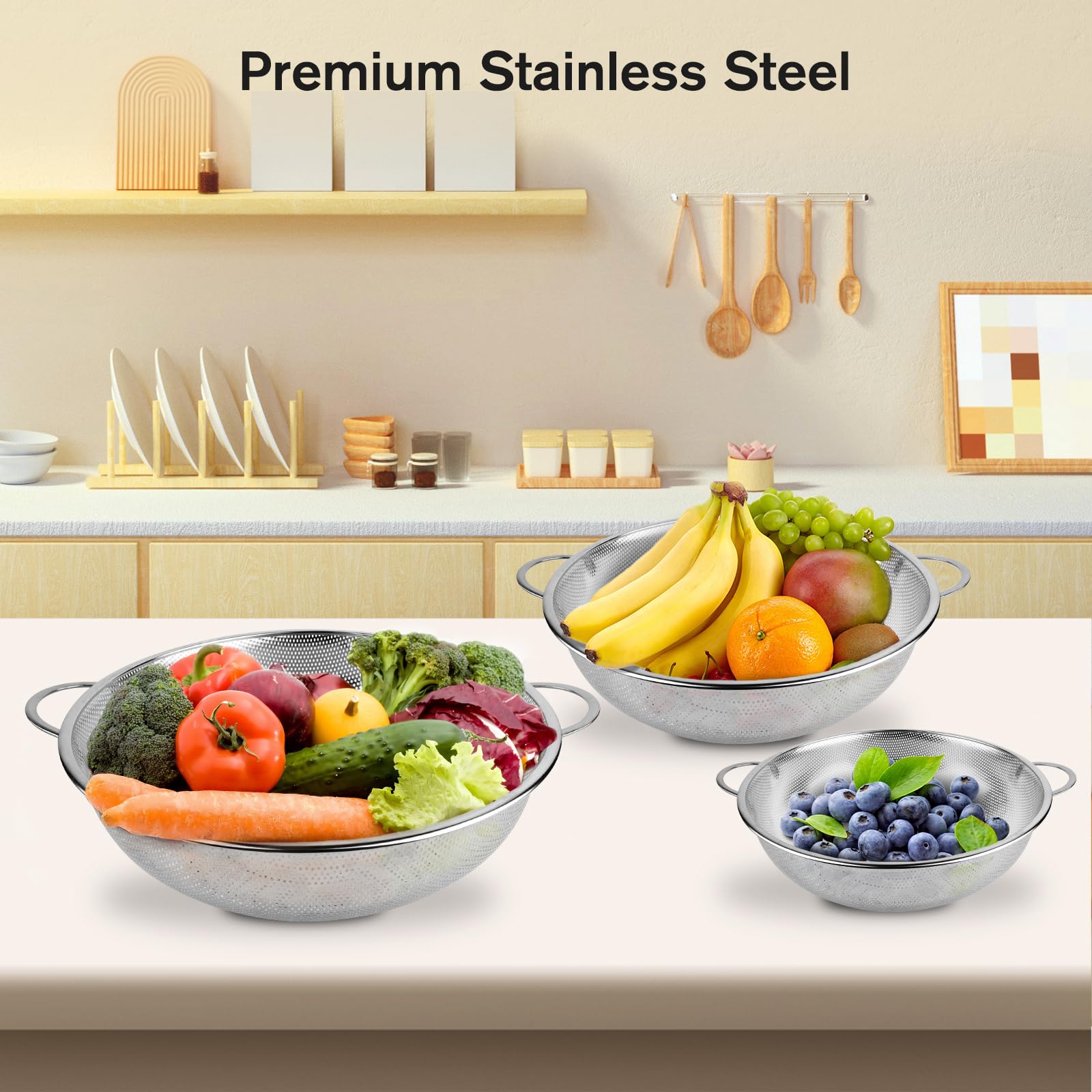 NVIYAM 3pcs Colador de Cocina, Acero Inoxidable con Asas, Juego de Coladores de Cocina Microperforado Pulido Brillante, Colador de Cocina Para Pasta, Frutas, Arroz, Verduras,Apto para Lavavajillas