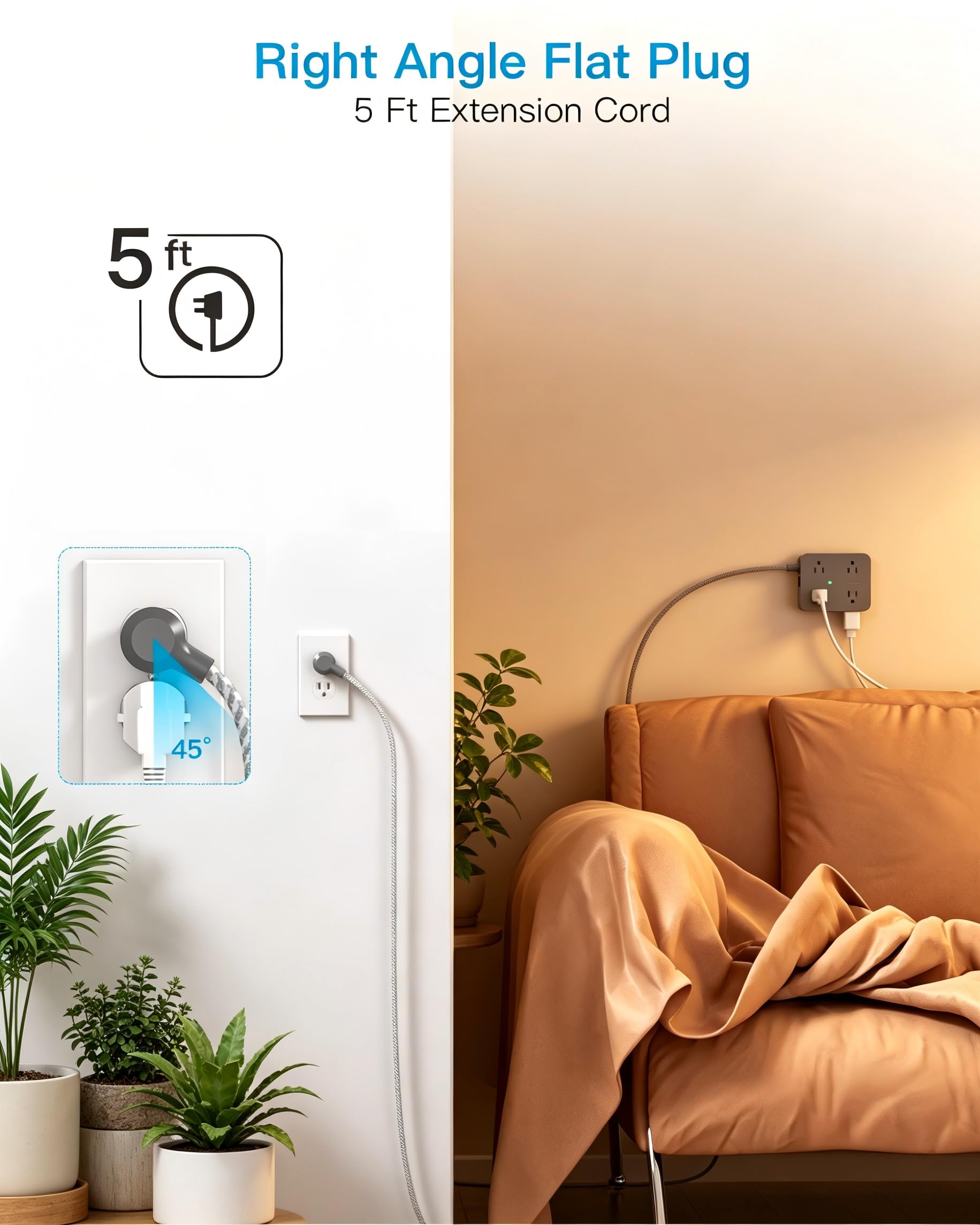 HANYCONY - 8 Steckdosen, 4 USB-Ladeanschlüsse (2 USB C), Mehrfachsteckdosenausgangsverlängerung, 5 Fuß geflochtenes Verlängerungskabel, Flachstecker zur Wandmontage, Ladestation