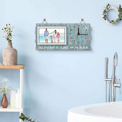 Miniatura 3 de Blulu Reloj de pared con temática de playa, reloj de pared decorativo de madera, reloj de pared rústico con marco de fotos, reloj de fotos de