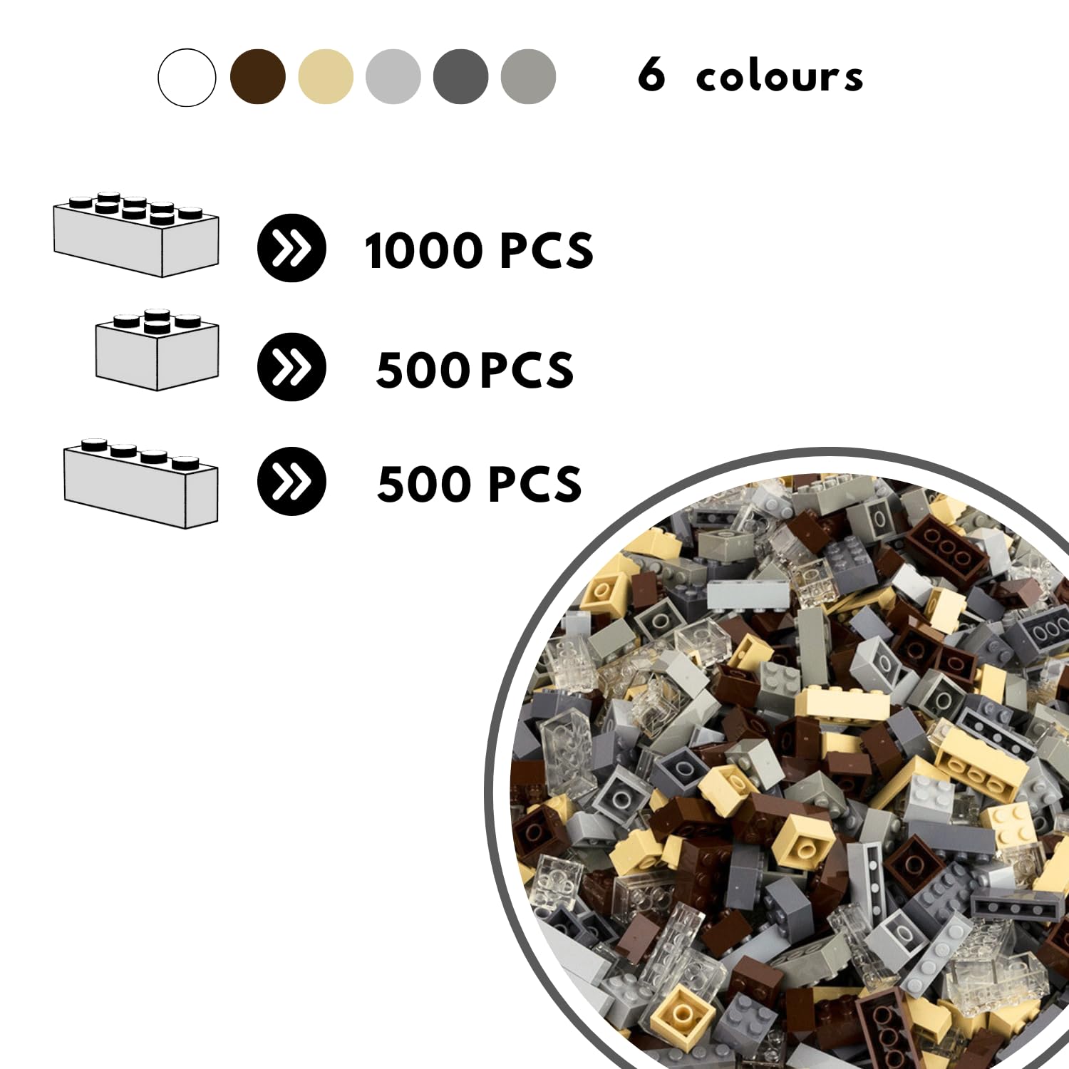Set di mattoncini classici grandi | 2000 pezzi | 3 stampi in pietra (1 x 4, 2 x 2, 2 x 4) in 6 colori | giocattolo da costruzione 100% compatibile | regalo per bambini, ragazzi e ragazze dai 4 anni in