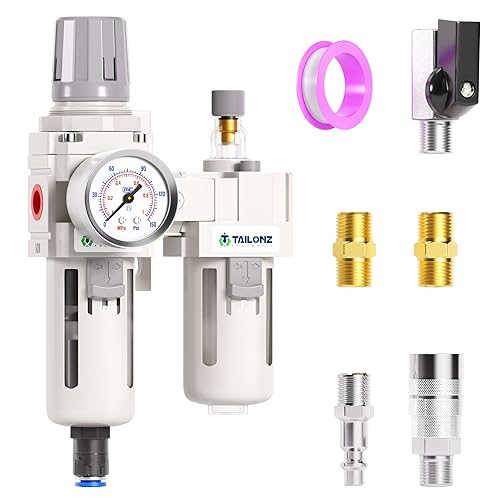 Miniatura 17 de TAILONZ PNEUMATIC Filtro de aire NPT de 1/4 de pulgada con regulador de presión de trampa de agua/aceite combinado (0-145 PSI), filtro compresor