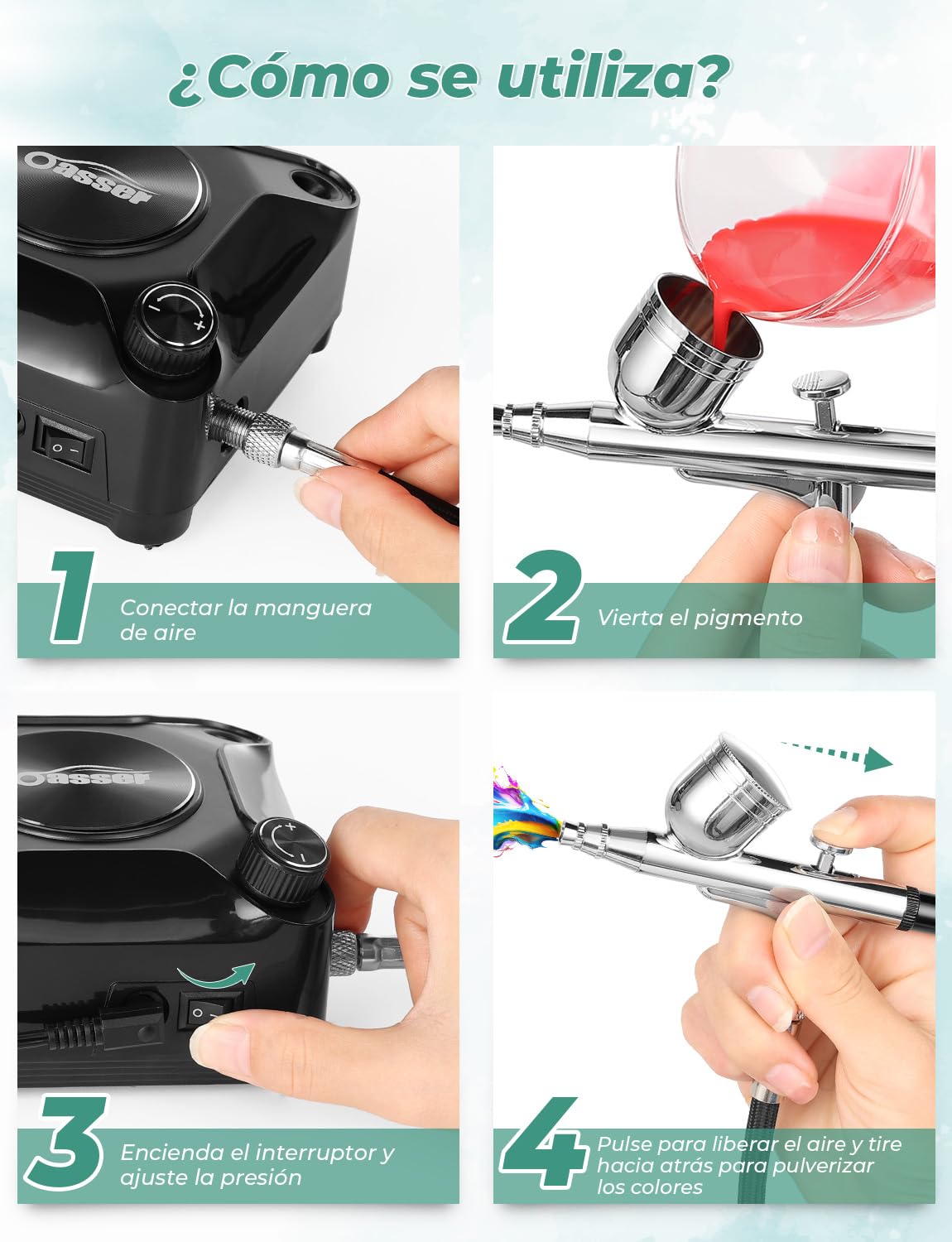 Oasser Kit Aerógrafo con Compresor Profesional Airbrush 36PSI Doble Acción Juego Pistola Regulación Voltaje Continua Modelos Decoración Tartas Uñas