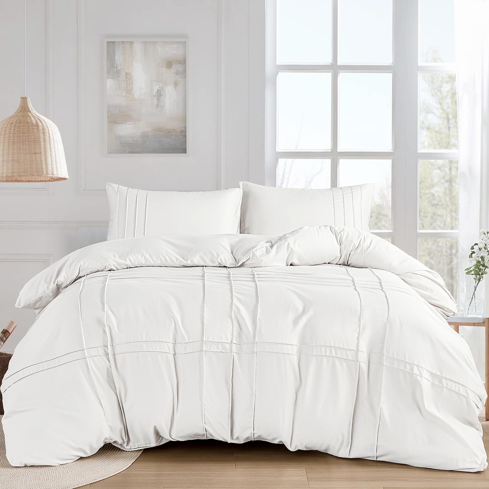 Grid Tufted Duvet Cover Double Size,Pintuck Pinch Pleated Chic Duvet Cover Set Bedding Set