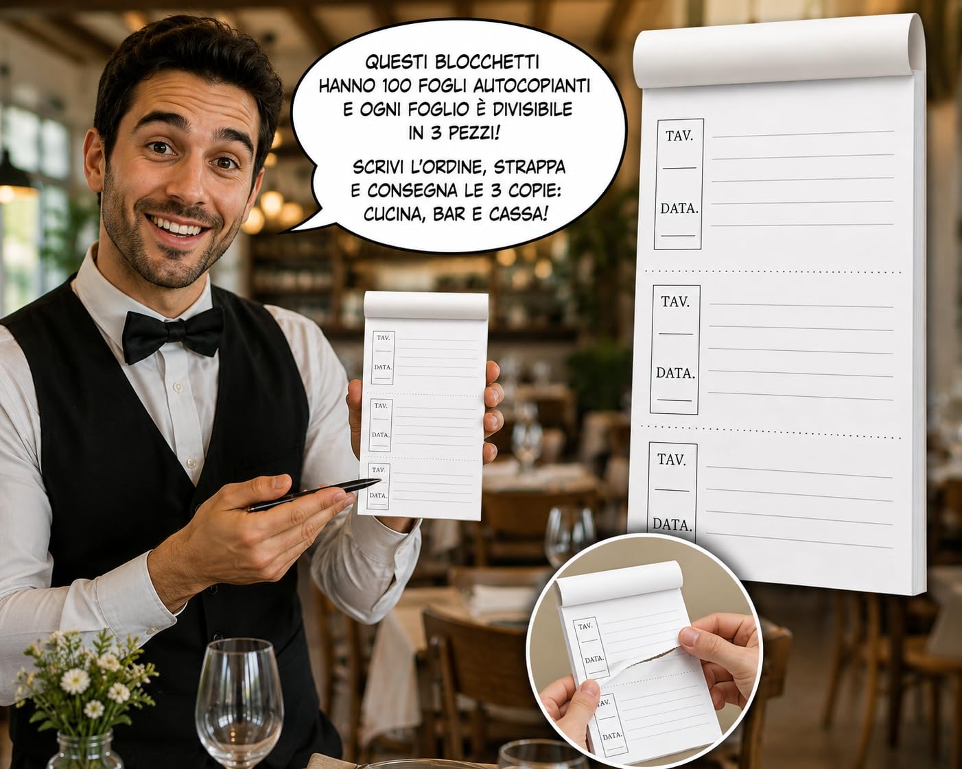 Blocchetti Comande Ristorante Autocopianti - 100 Fogli Regolabili da 1 a 4 Copie Ricalcanti - Blocco Comande Cameriere per Bar, Pizzeria, Pub, Trattoria - Made in Italy (50 Blocchi) | Fogli autocopianti - copie regolabili da 1 a 4 spostando il cartoncino