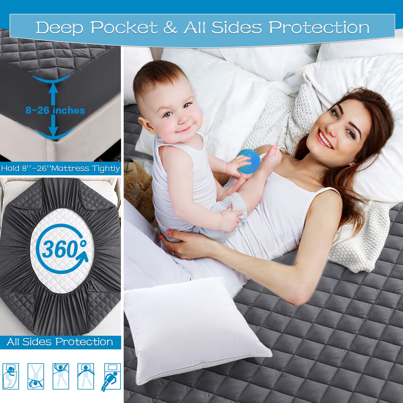 Waterproof Mattress Protector, King Size - Noiseless, Breathable, Deep Pocket Fits Up To 18"
