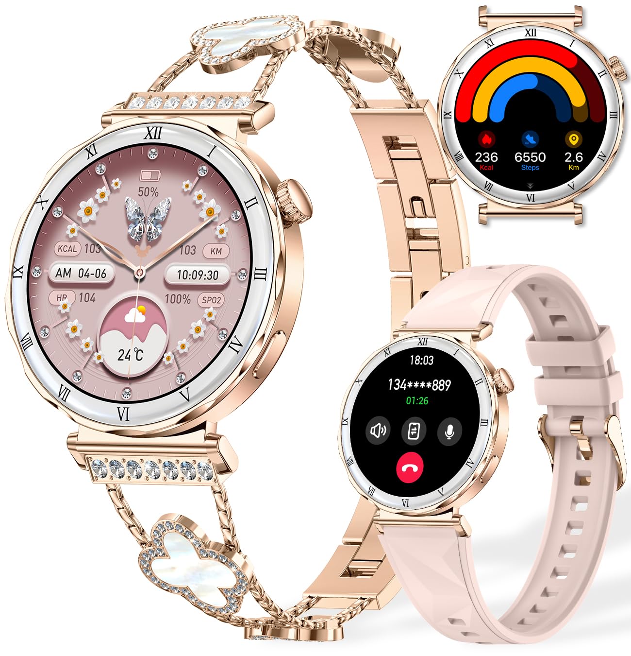 Montre intelligente pour femmes, écran AMOLED HD de 1,19" - Smartwatch pour femmes, bracelet de fitness avec moniteur de fréquence cardiaque/sommeil, appel Bluetooth, étanche IP67, compatible avec iOS