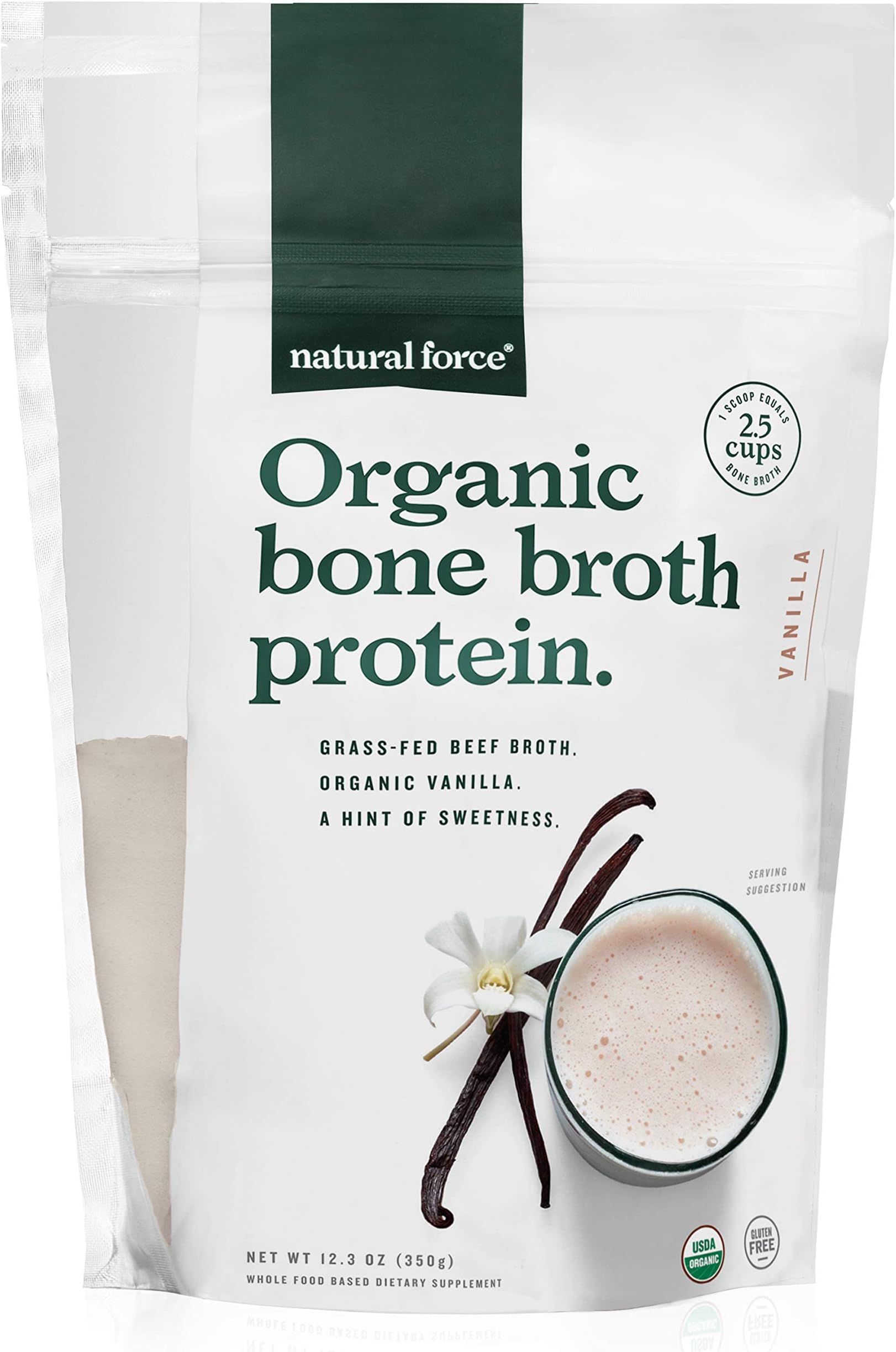 Natural Force - Vanilla Organic Bone Broth Protein Powder, Grass-Fed & Keto Certified, Types I, II & III Collagen, Smooth and Creamy, Perfect for Smoothies & Shakes, 12.3 oz