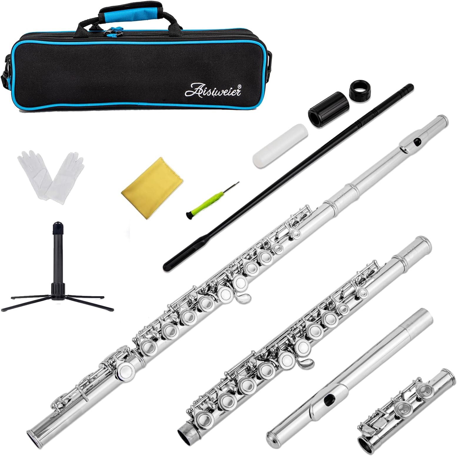 C Flutes Closed Hole C Flute Musical Instrument with Joint Grease,Cleaning Rod, Carrying Case, Stand, Gloves and Tuning Rod, 16 Key Flute, Nickel