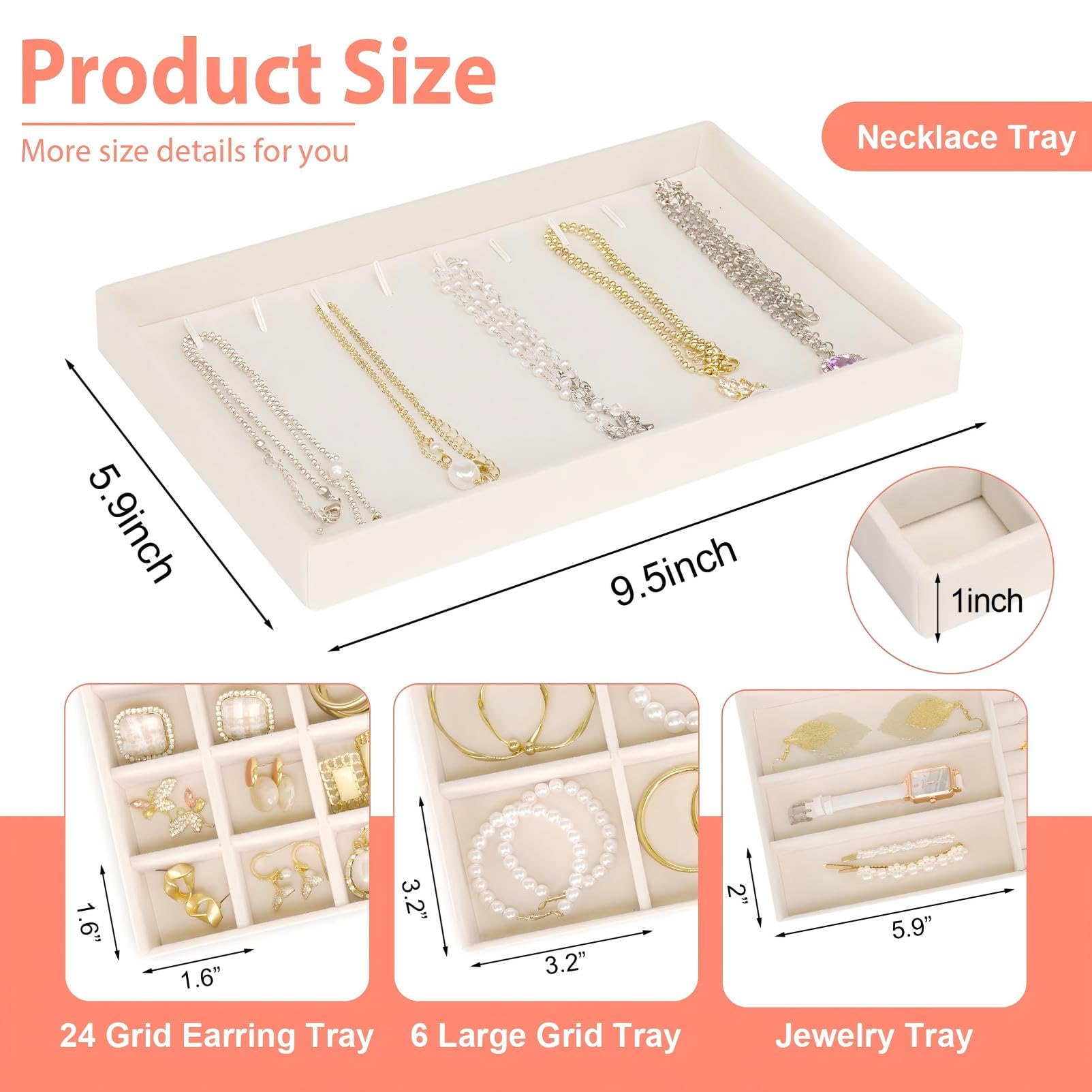 Stackable Jewelry Trays Organizer for Drawer, 4 Set of Jewelry Organizers and Display Case Storage, Velvet Drawer Inserts Organizer for Necklace Bracelets Earrings Organizer-4 Set , Gift For Her,Beige