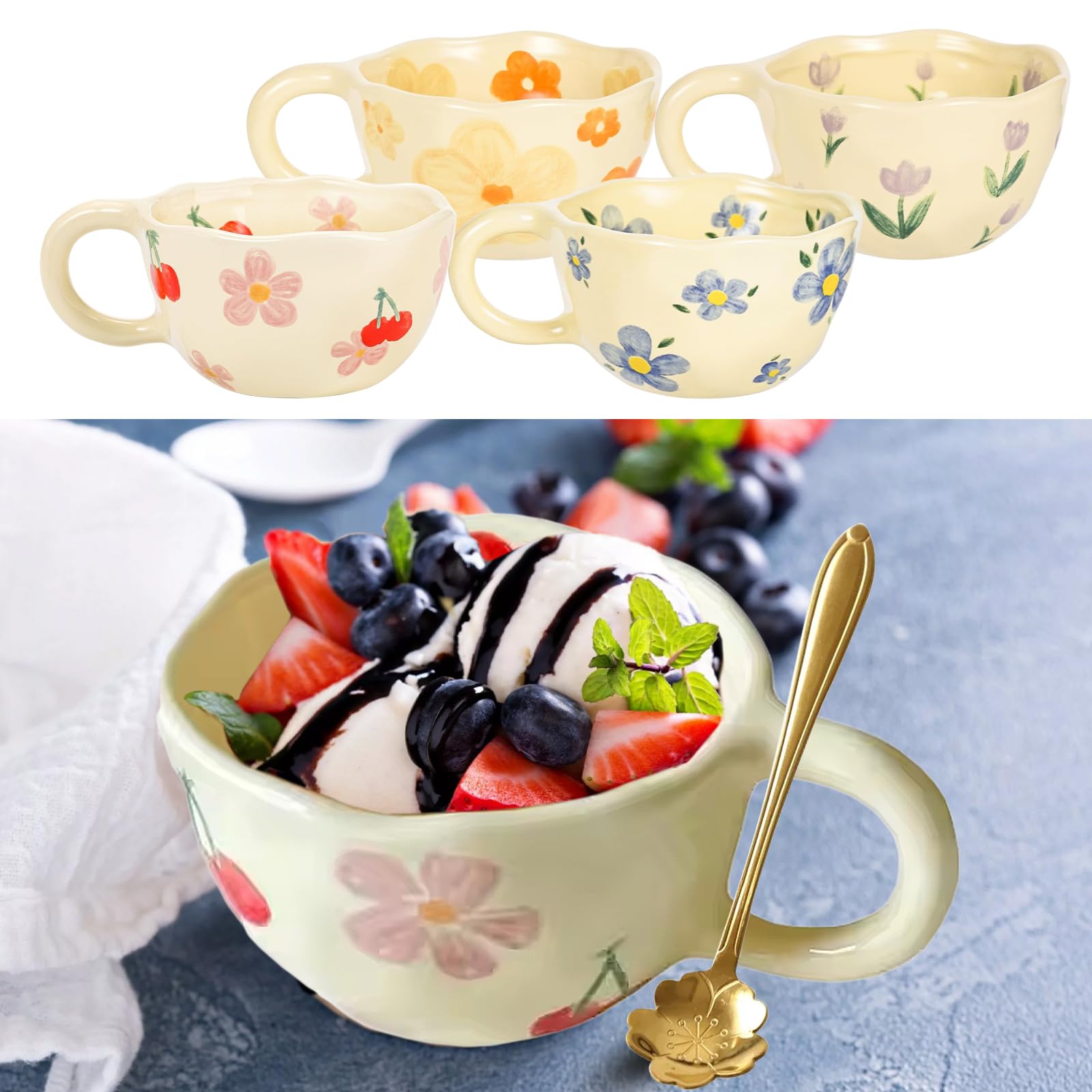UOCAI 250 ml keramische theekopje, bloemenmok met lepel, koffiekopje, set met esthetische bloemen, schattige koffiemok, keramiek, handgemaakte beker voor melk, cacao, voor vrouwen, meisjes, moeder