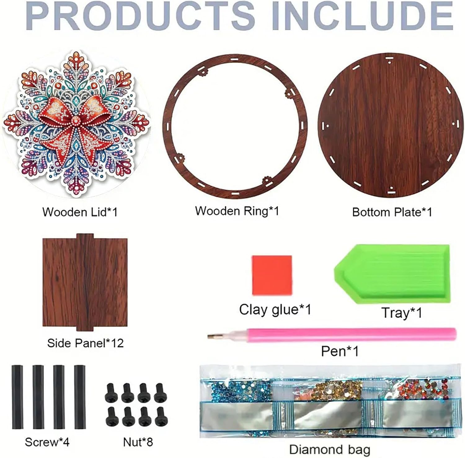 BAYUNOE 2Pcs Diamond Round Wooden Organizer Storage Box DIY Diamond Art Painting Jewelry Box with Lid Handmade Portable Rings Necklace Bracelet Case for Women Office Desktop Decor-01