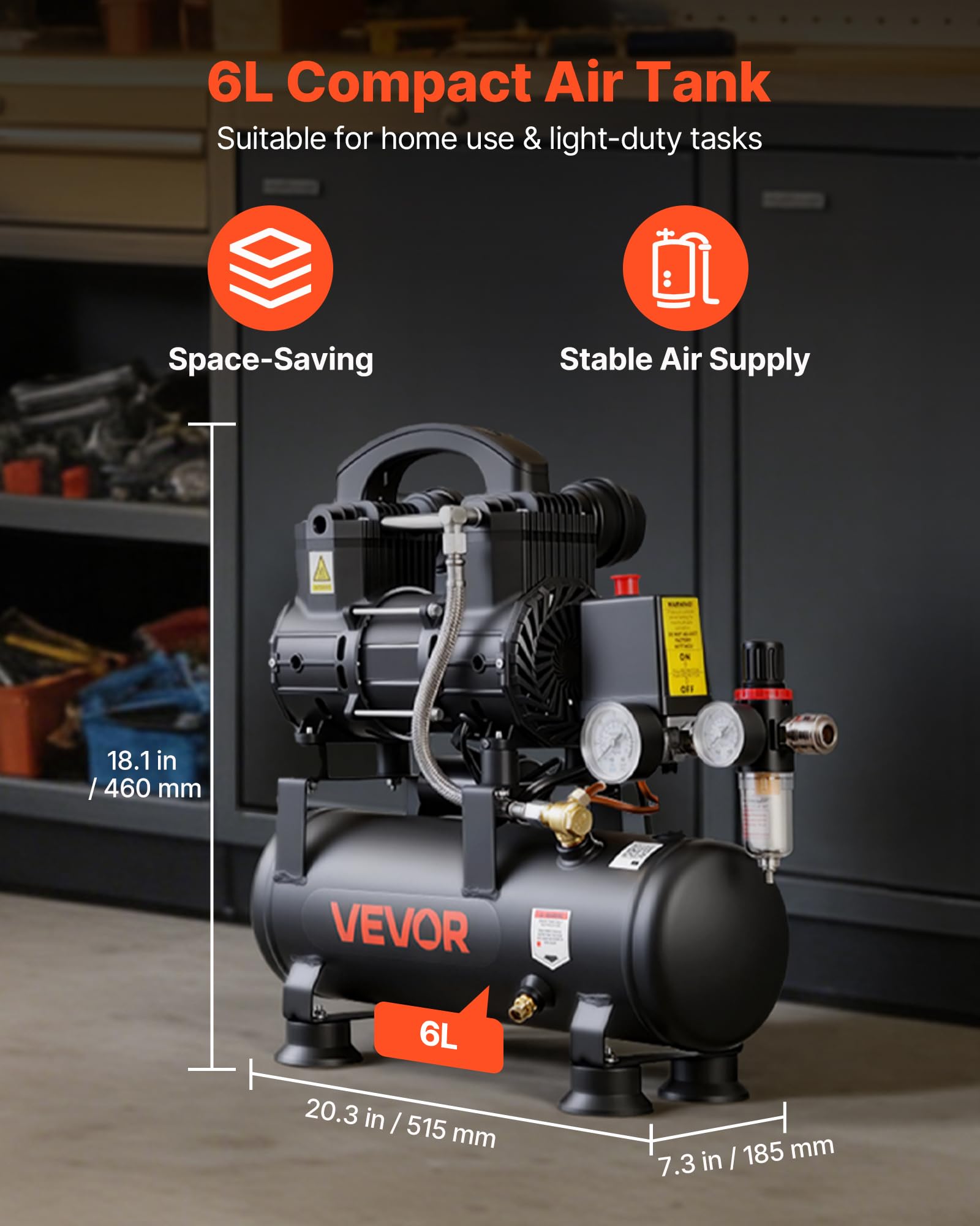 VEVOR Compresor de Aire Portátil con Depósito 6 L sin Aceite, Motor de 0,75 kW, 71 L/min a 6,2 bar, Presión Máxima 8 bar, con Ruedas para Garaje, Inflado, Reparación, Taller y Herramientas Neumáticas