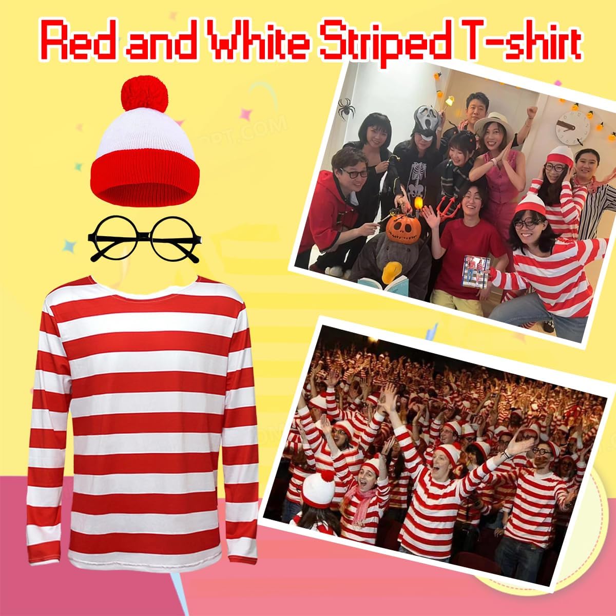 Unpifolov Red and White Striped Tee Shirt Suits Funny Halloween Cosplay Costume Adult Sweatshirt Outfit Hat Glasses Sets - Image 2