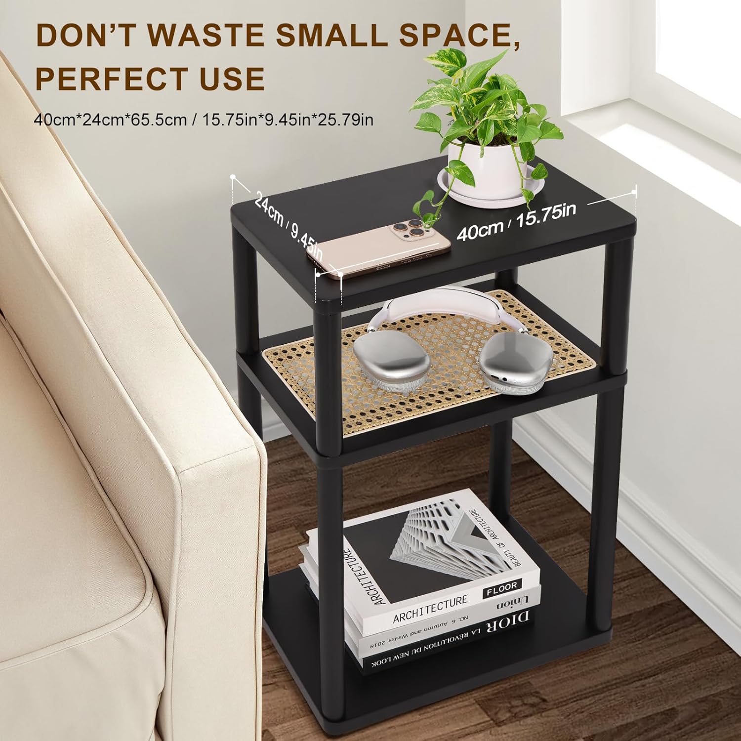 YGYQZ Rattan Side Table, Narrow End Table for Couch, Tall Nightstand for Small Space，Slim Night Stand with Storge, Living Room, Bedroom, Office,Modren,Black