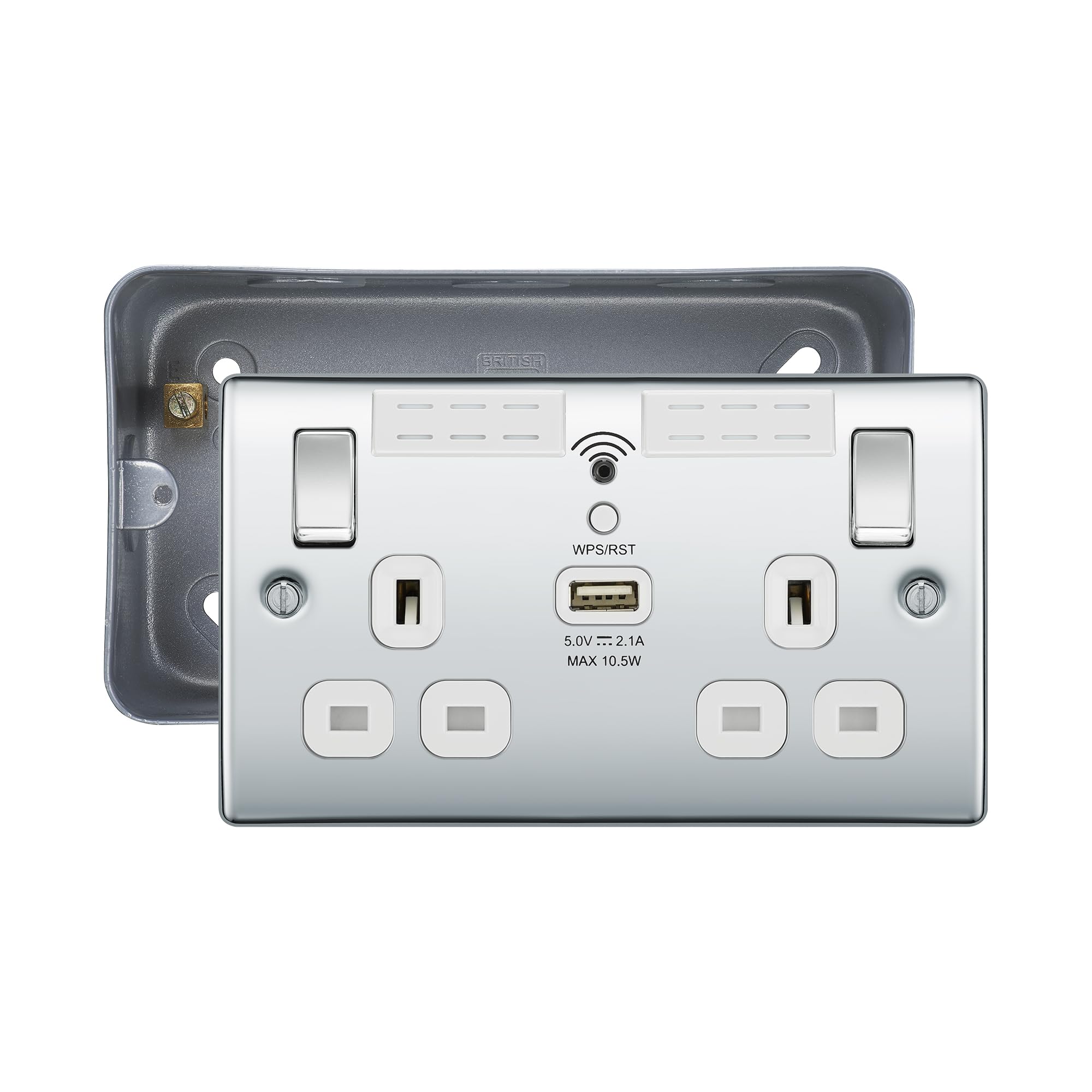 BG Nexus Polished Chrome 13A + Wifi Extender +1x USB(2.1A) Double Socket with Surface Mount Pattress Box, IP20, NPC22UWRW + MC502