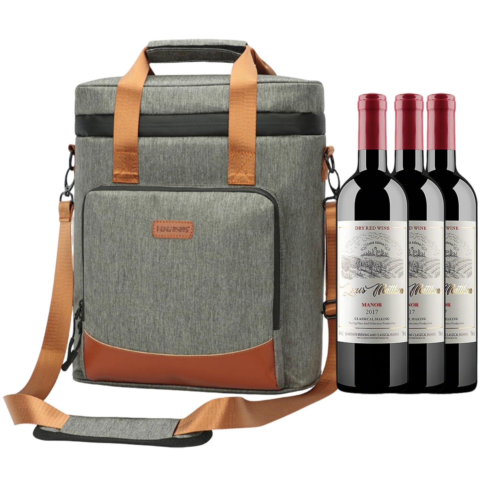 3 Bouteilles Bouteille de Vin et Champagne, Sac Isotherme Bouteille Vin avec Compartiments Amovibles et Bandoulières – Idéal Cadeau,Vin,Tourisme,Bateau,Noël,Pique-Nique,Camping(Grey)