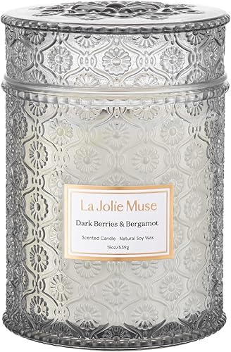 La Jolie Muse - Vela Dark Berries & Bergamot - Moras, uva y caramelo - Vela grande de 19 oz con mecha de madera, cera de soja natural y 90 h de