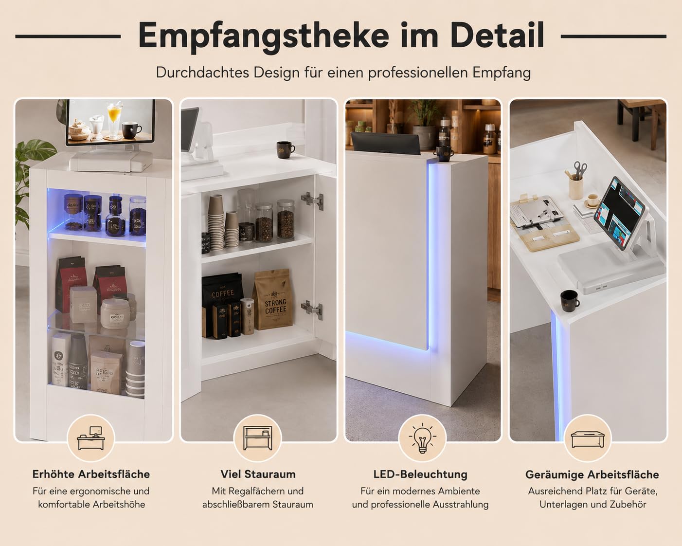 Caldion Moderno mostrador de recepción con iluminación LED con cajón de tatuaje, mostrador de recepción de cristal templado, mesa de recepción en forma de L, color blanco, 120 x 100 x 103 cm