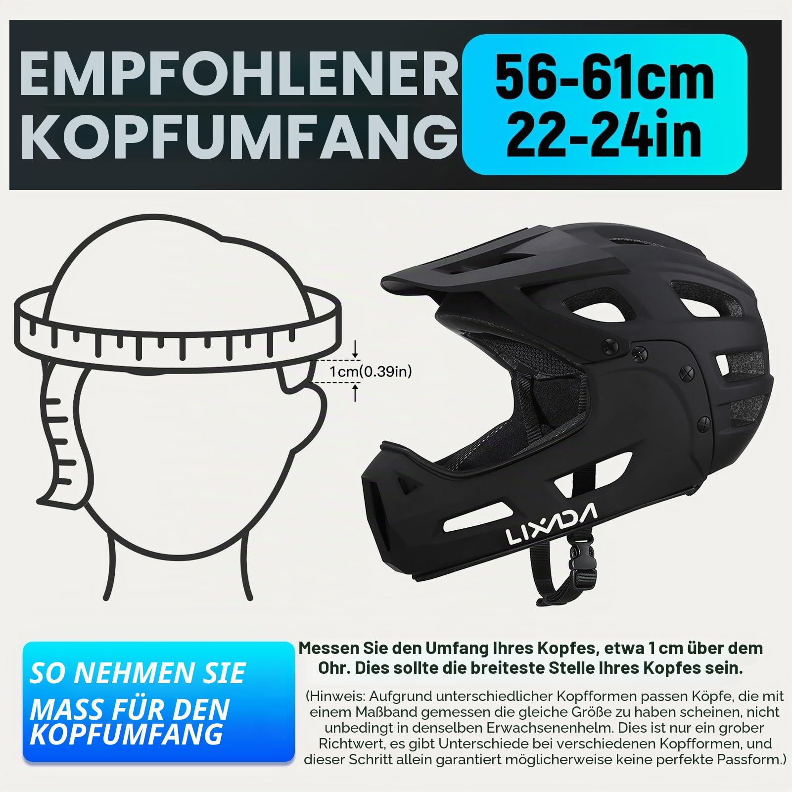 Lixada Mountainbike-Helm Fullface für Erwachsene mit abnehmbarem Kinnriemen Visier für Mountainbiking