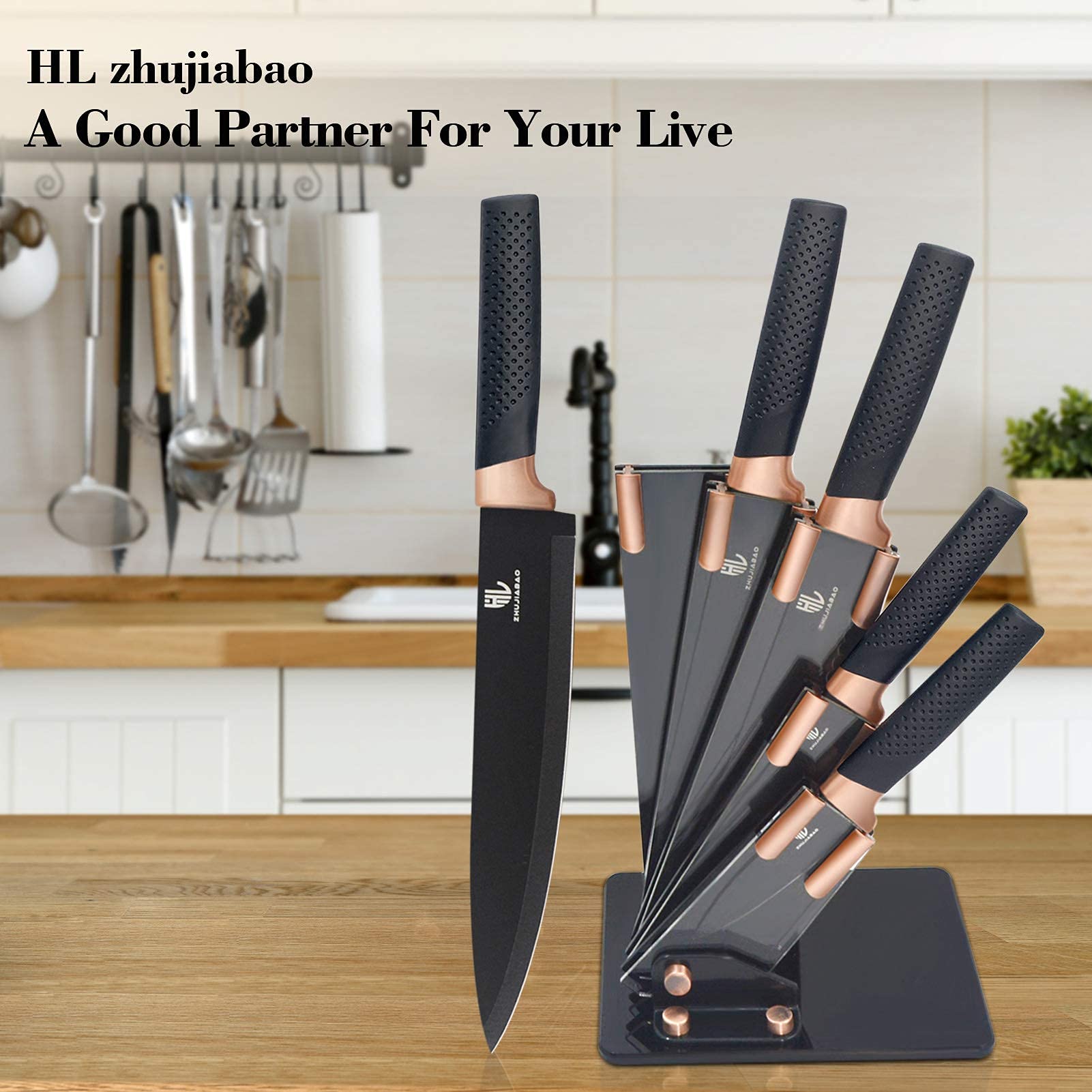 ZHUJIABAO Black Kitchen Knife Block Set with Acrylic Stand 6PCS