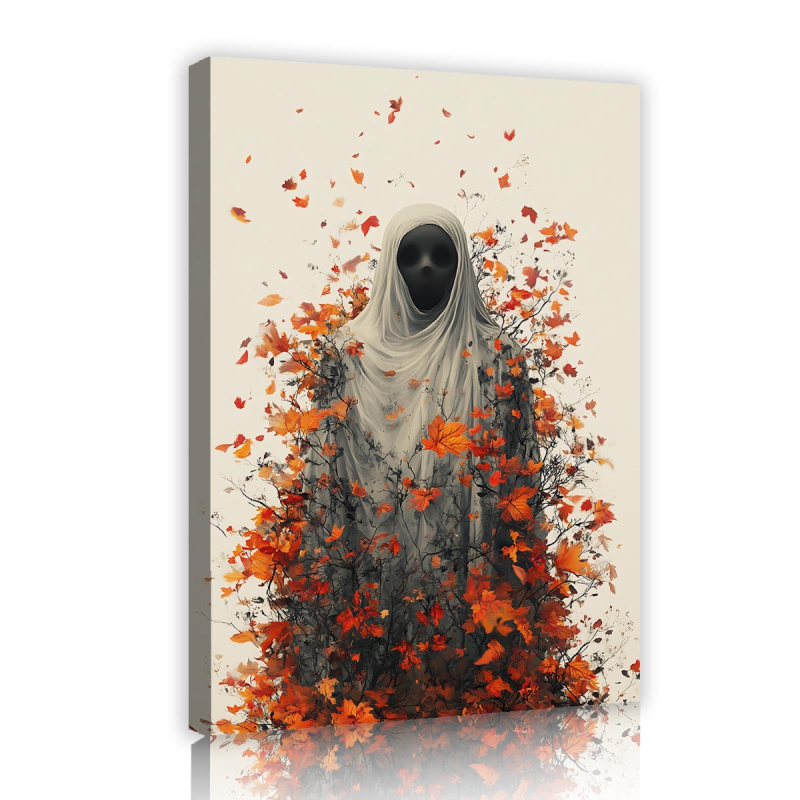 Via Vela horreur décor style impression sur toile art mural abstrait nature sauvage orange feuilles d’érable et mystérieux fantôme affiche peinture pour café décor 60x90cm cadre intérieur