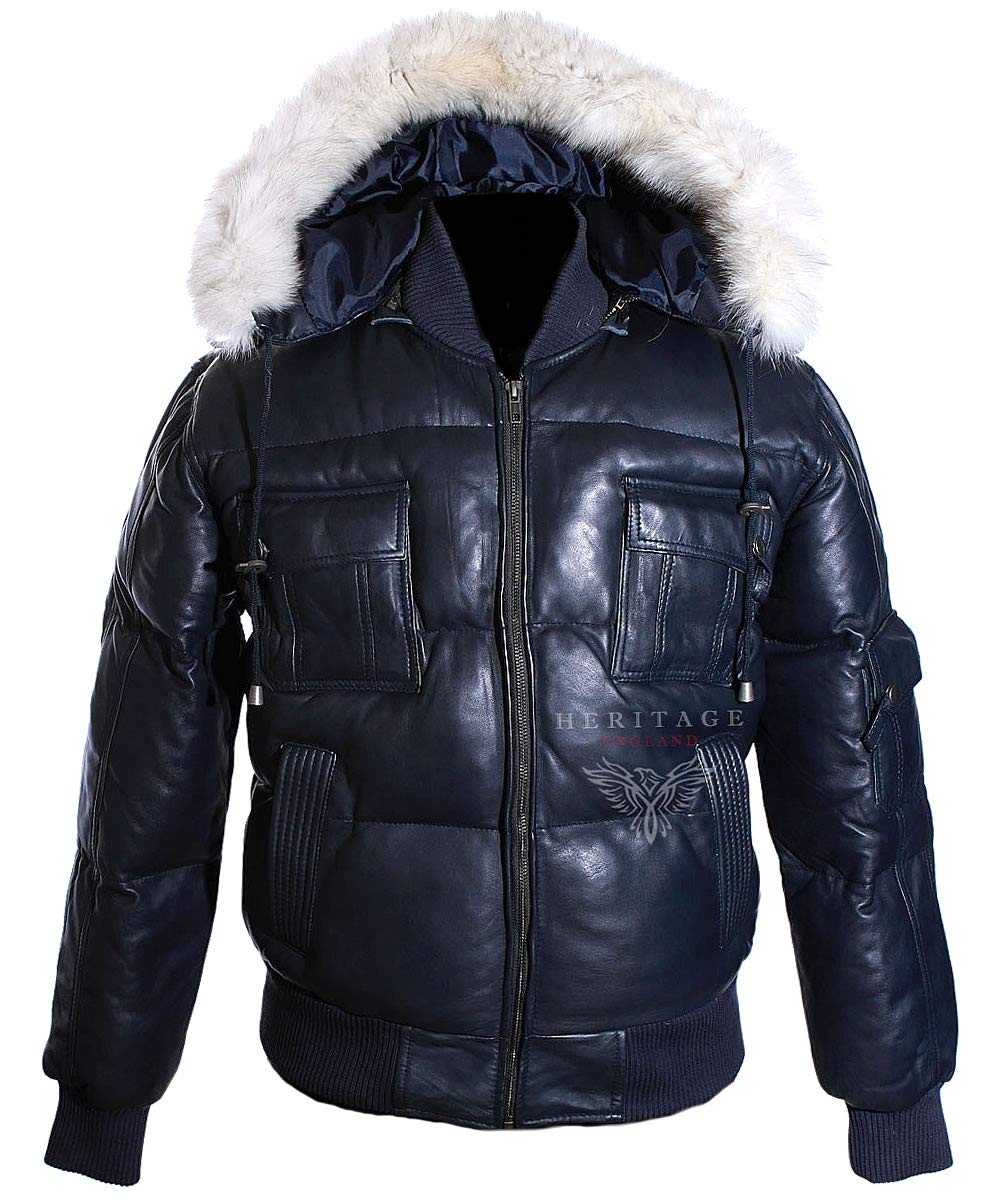 H.e Men's Navy Blue Pilot 6 Lockheed Puffer New Detachable Fur Hood Real Soft Lambskin Bomber Winter Hooded Leather Jacket (Sizes: Xs To 5XL Available) (Xl)